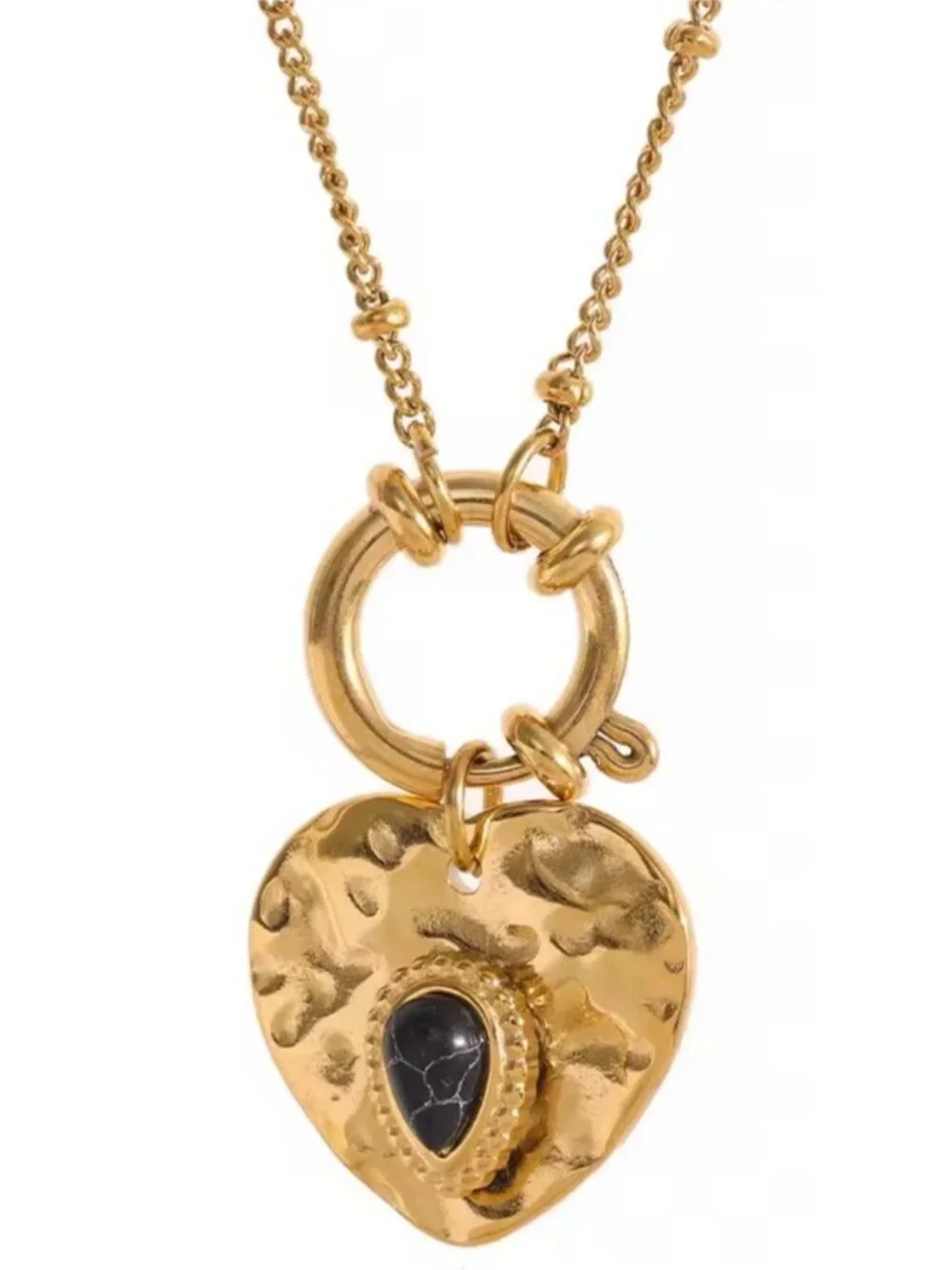Gold plated Heart Pendant Necklace with Black Teardrop Accent